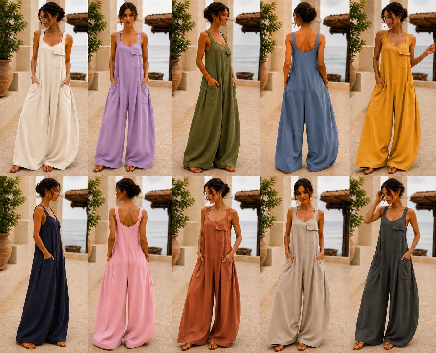 Women's Square Neck Backless Wide-Leg Jumpsuit  Sleeveless Summer Outfit