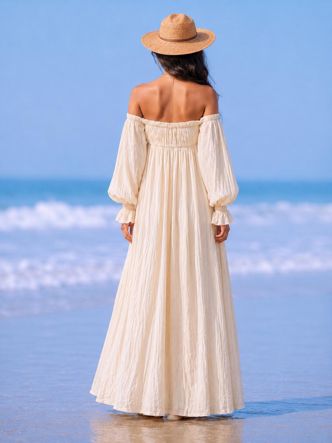 Off Shoulder Maxi Dress, Flowy Boho Summer Beach Style, Full Sleeve Romantic Silhouette