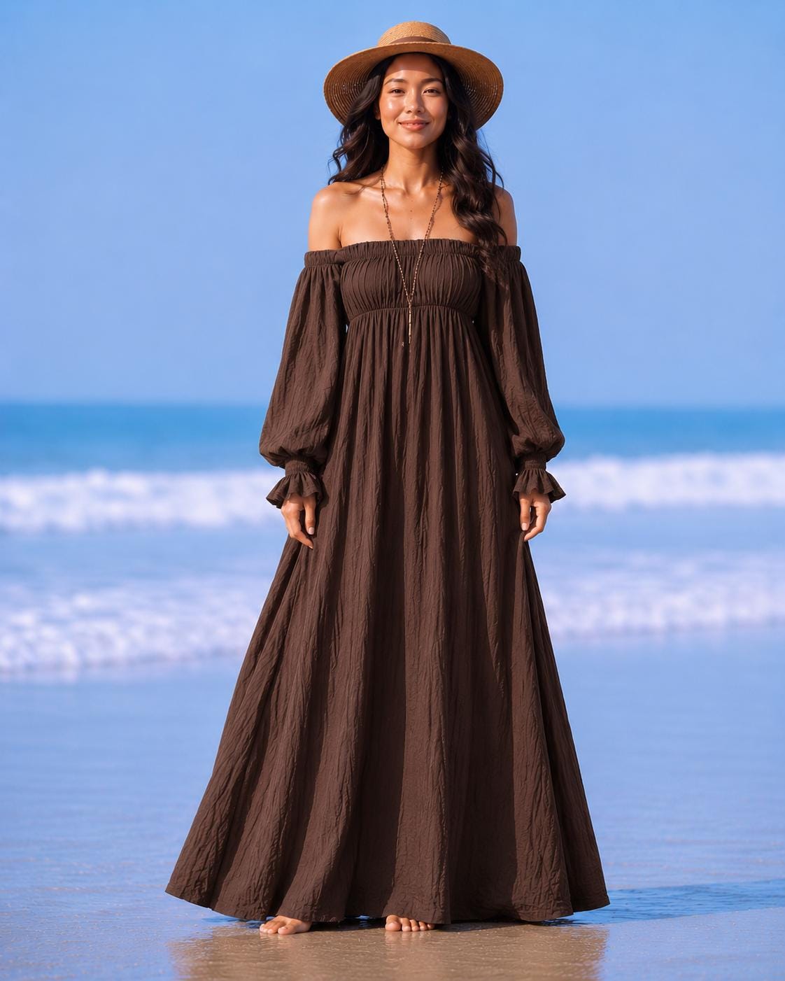 Off Shoulder Maxi Dress, Flowy Boho Summer Beach Style, Full Sleeve Romantic Silhouette