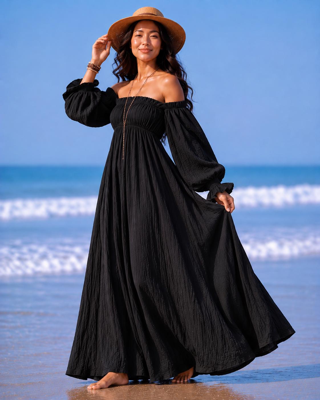 Off Shoulder Maxi Dress, Flowy Boho Summer Beach Style, Full Sleeve Romantic Silhouette