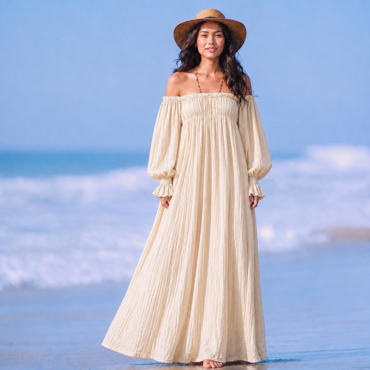 Off Shoulder Maxi Dress, Flowy Boho Summer Beach Style, Full Sleeve Romantic Silhouette