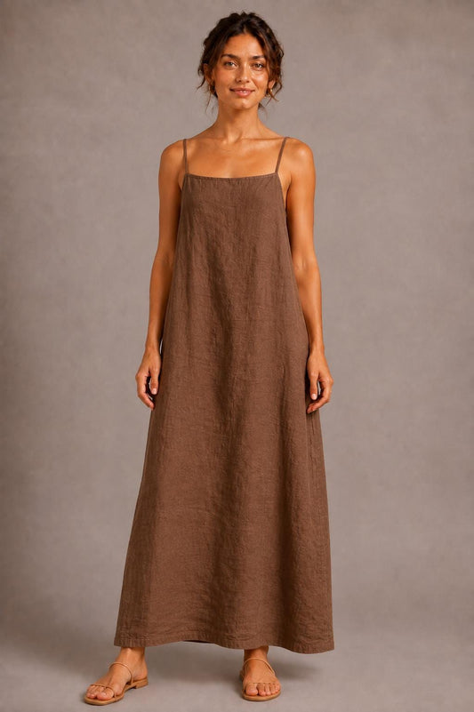 Linen Maxi Dress, Minimalist Sleeveless A-Line Summer Beach Vacation Dress