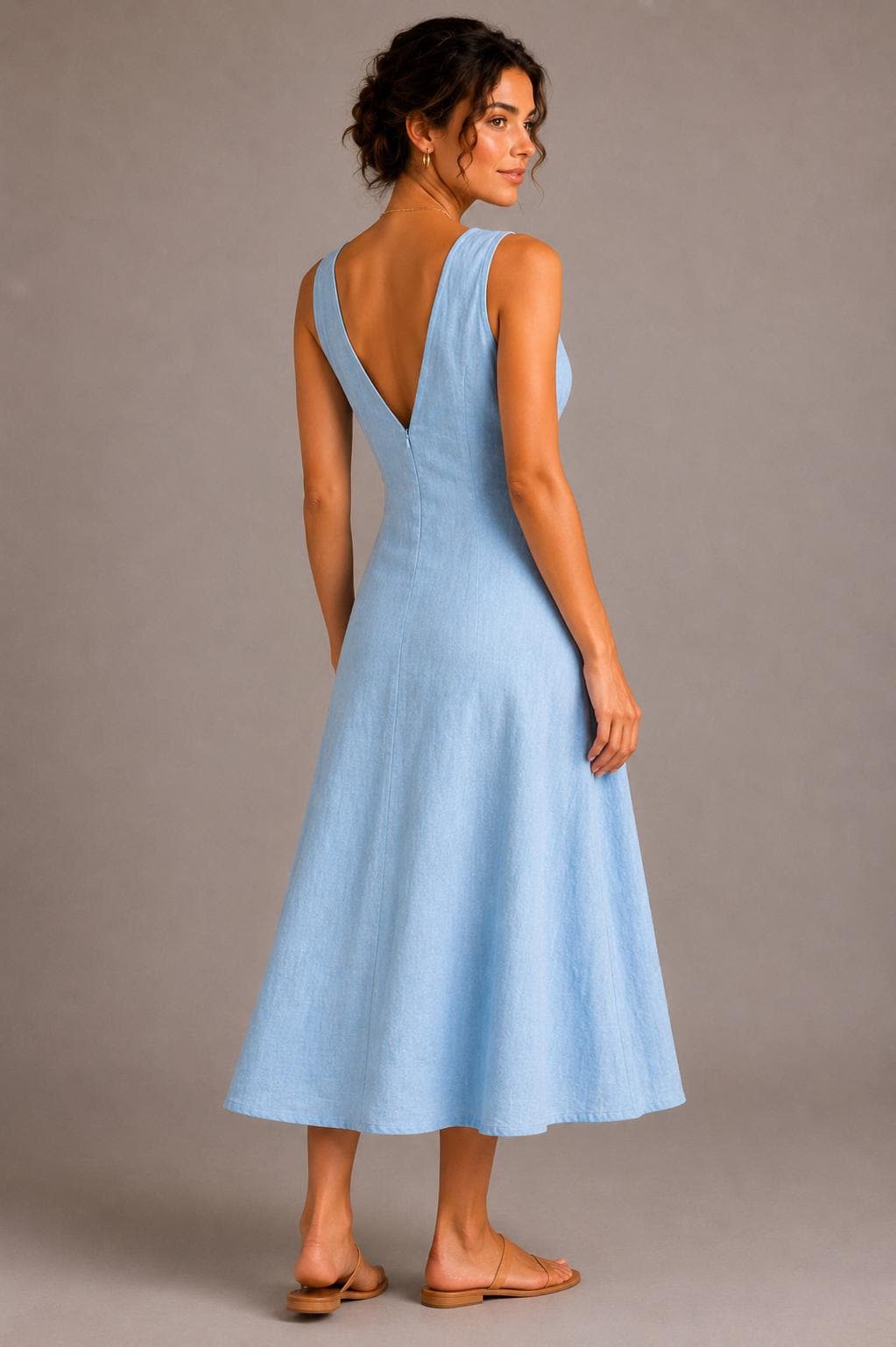 Cotton Linen Blend Midi Dress, Sleeveless V-Neck A-Line Summer Vacation Dress