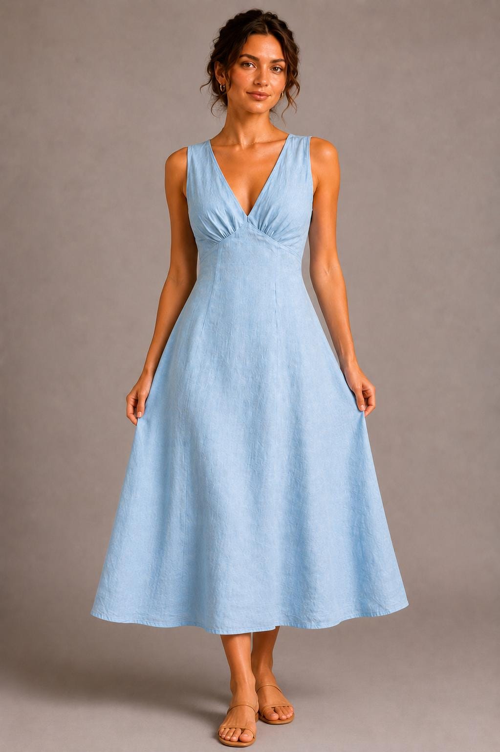 Cotton Linen Blend Midi Dress, Sleeveless V-Neck A-Line Summer Vacation Dress