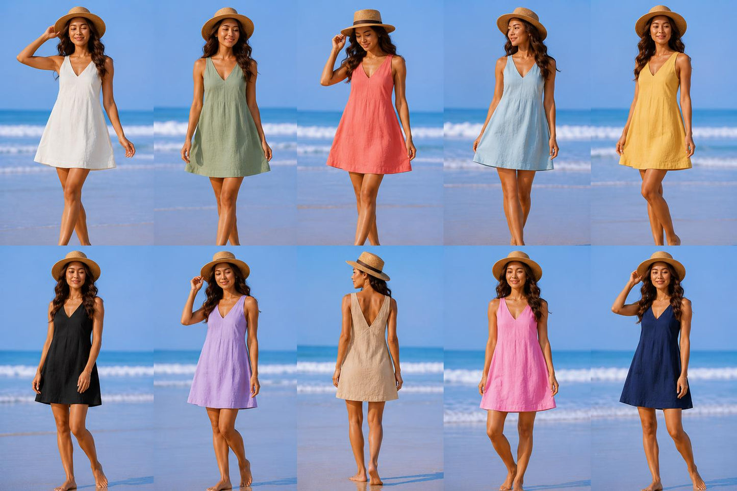 Cotton Linen Mini Dress, Sleeveless V Neck A Line Summer Beach Dress