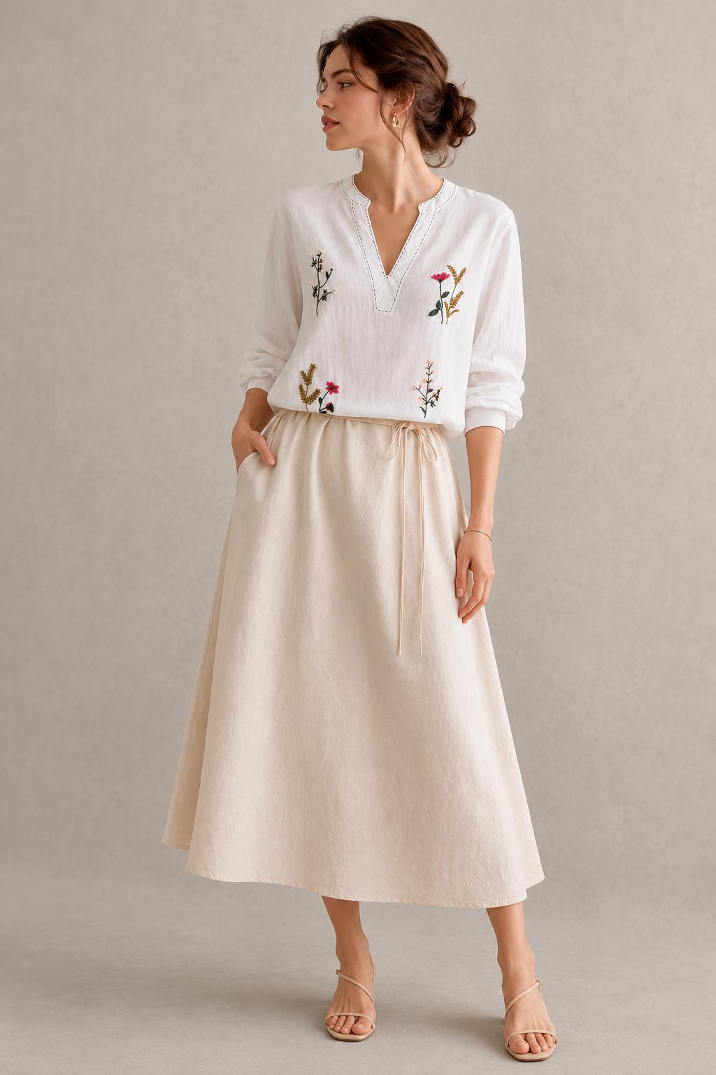 Embroidered Linen Blend Co Ord Set, V Neck Top, Midi Skirt, Boho Summer Resort Wear