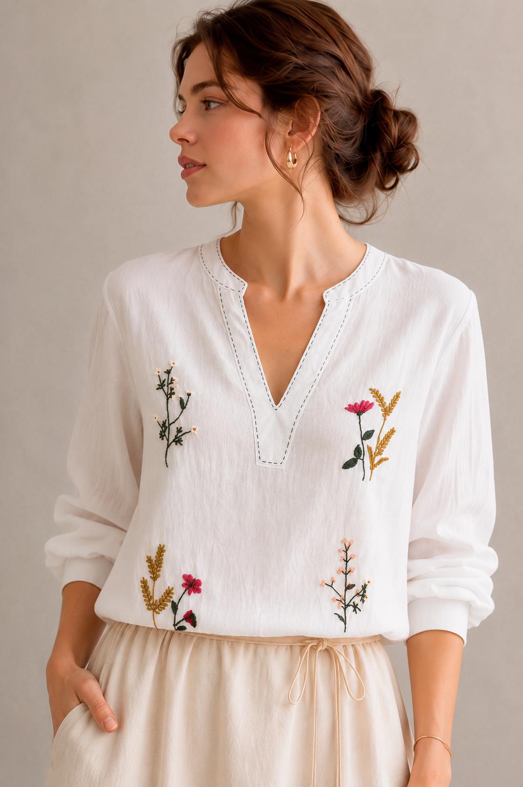 Embroidered Linen Blend Co Ord Set, V Neck Top, Midi Skirt, Boho Summer Resort Wear