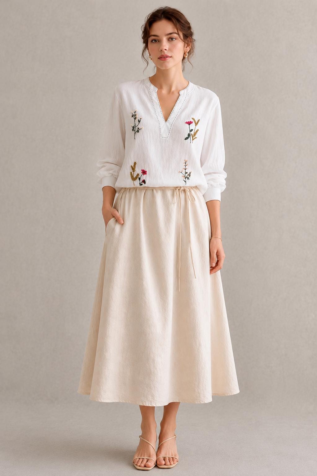 Embroidered Linen Blend Co Ord Set, V Neck Top, Midi Skirt, Boho Summer Resort Wear
