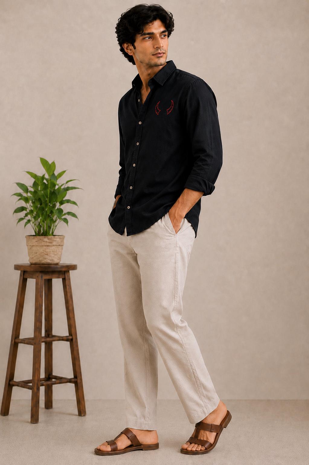 Men's Black Embroidered Shirt, Long Sleeve Button Up Shirt