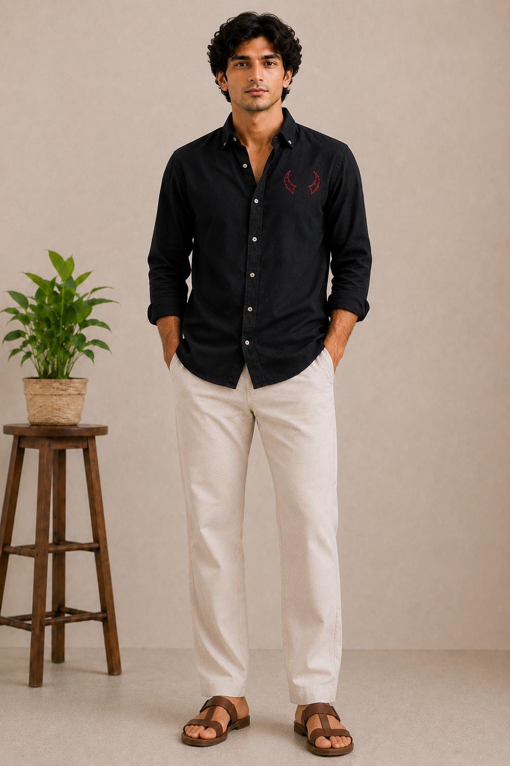 Men's Black Embroidered Shirt, Long Sleeve Button Up Shirt