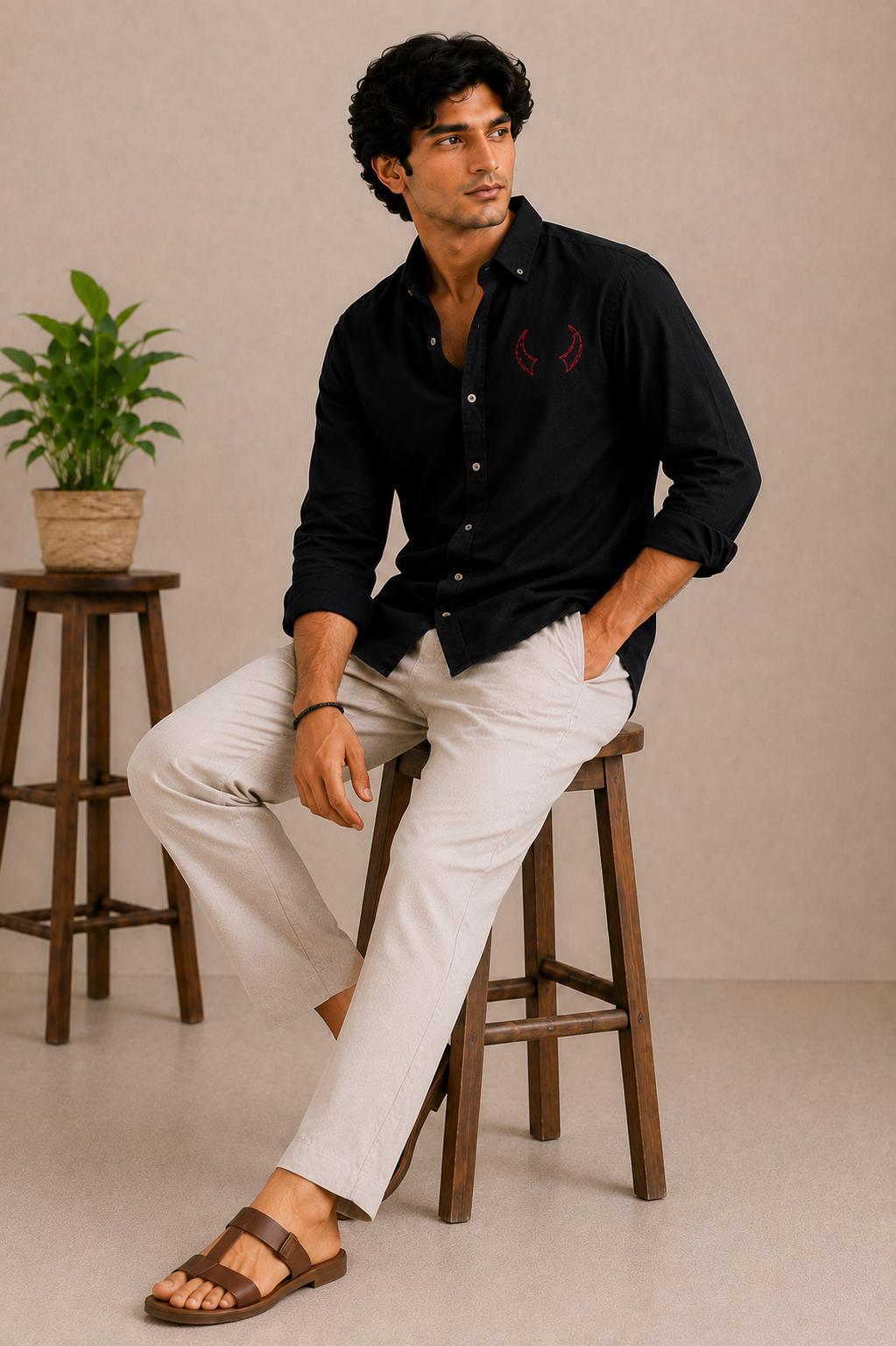 Men's Black Embroidered Shirt, Long Sleeve Button Up Shirt