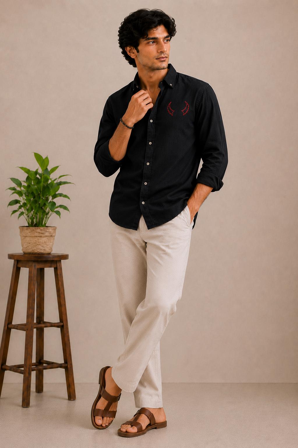 Men's Black Embroidered Shirt, Long Sleeve Button Up Shirt