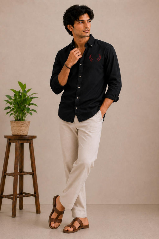 Men's Black Embroidered Shirt, Long Sleeve Button Up Shirt