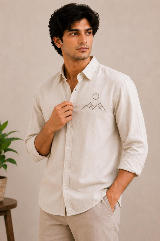 Men's Linen Blend Shirt, Minimalist Mountain Embroidery Button Down, Vacation Top