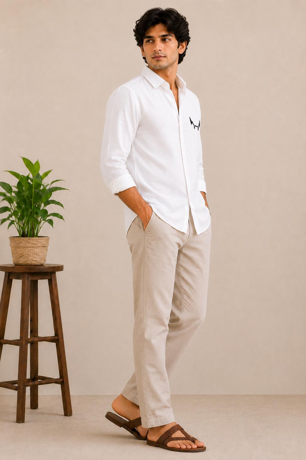 Men's White Embroidered Cotton Linen Shirt, Minimalist Long Sleeve Button Up (Gift for Him)