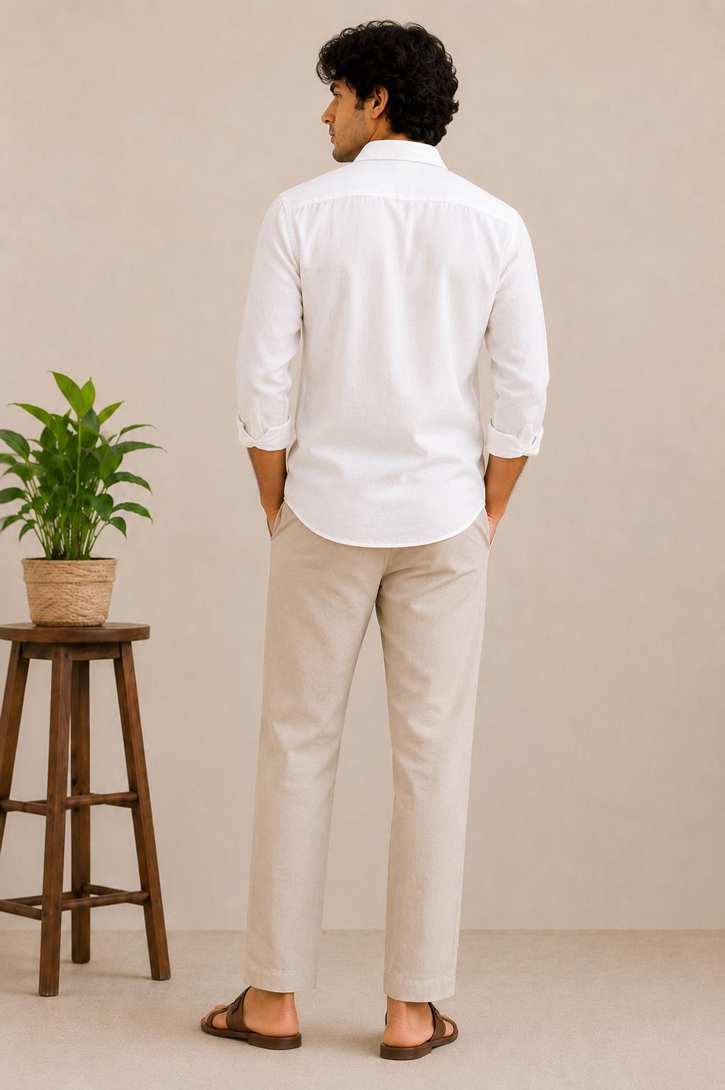Men's White Embroidered Cotton Linen Shirt, Minimalist Long Sleeve Button Up (Gift for Him)