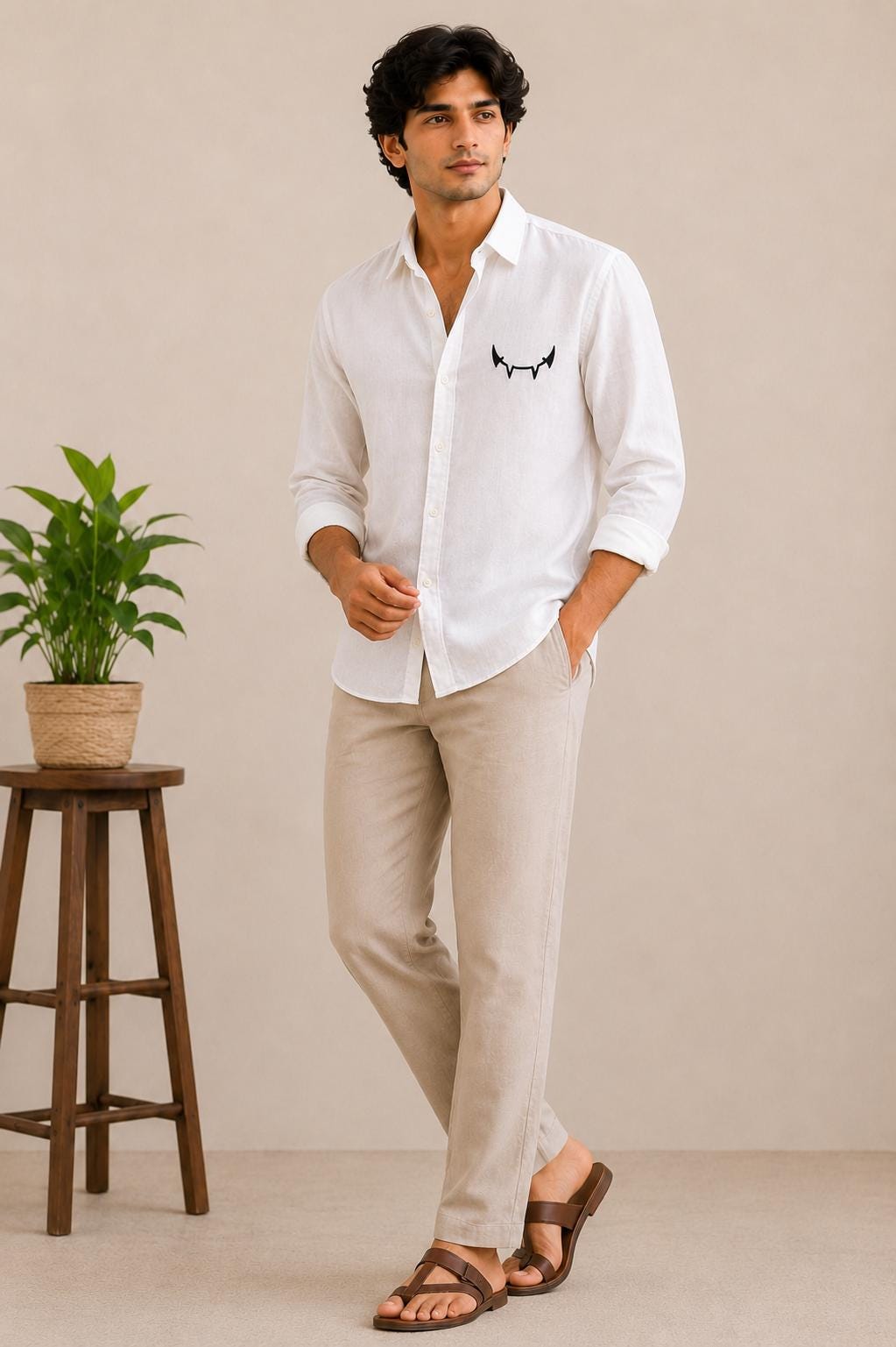 Men's White Embroidered Cotton Linen Shirt, Minimalist Long Sleeve Button Up (Gift for Him)