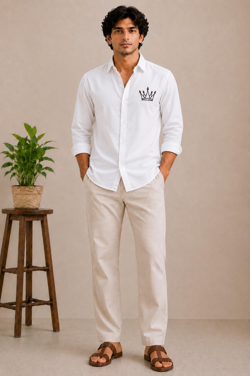 Men's White Embroidered Shirt, Crown Detail Button Up, Smart Casual Menswear