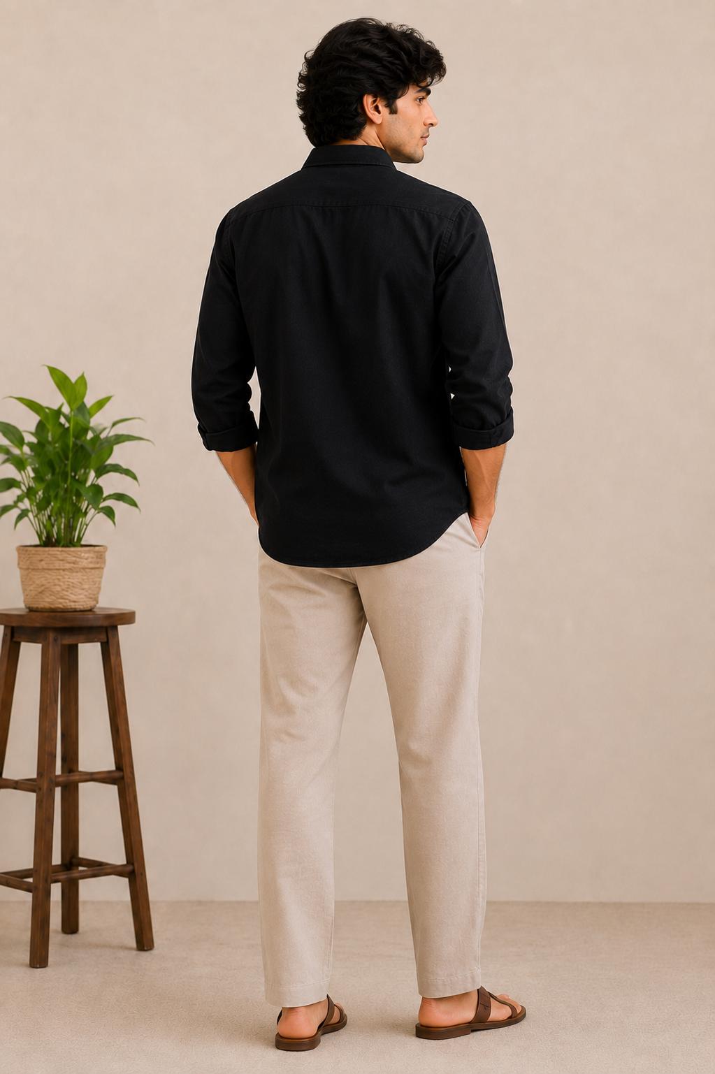 Mens Embroidered Trident Shirt, Black Cotton Button Up, Long Sleeve Casual Shirt