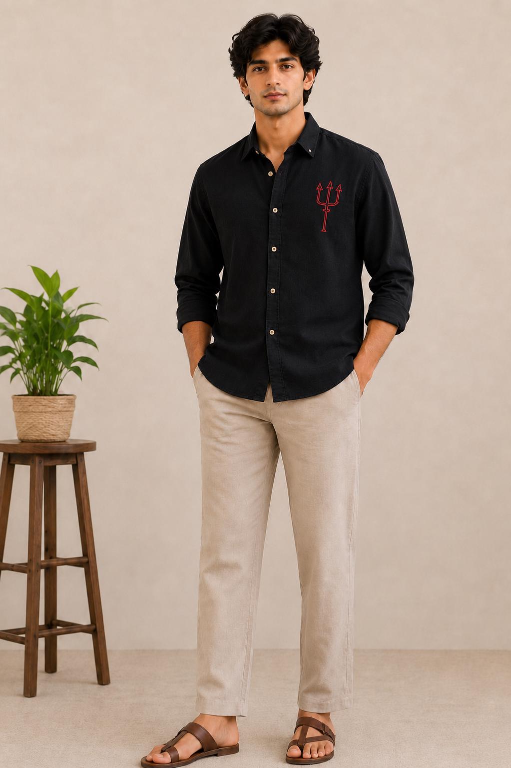 Mens Embroidered Trident Shirt, Black Cotton Button Up, Long Sleeve Casual Shirt