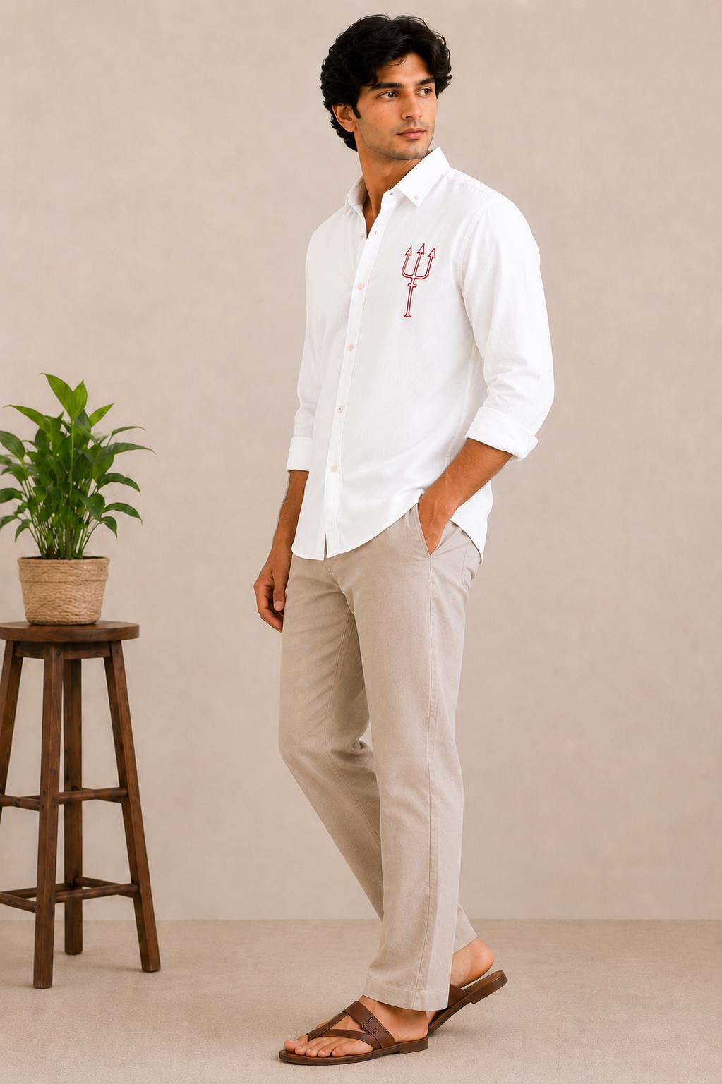Mens Embroidered Trident Shirt, Black Cotton Button Up, Long Sleeve Casual Shirt