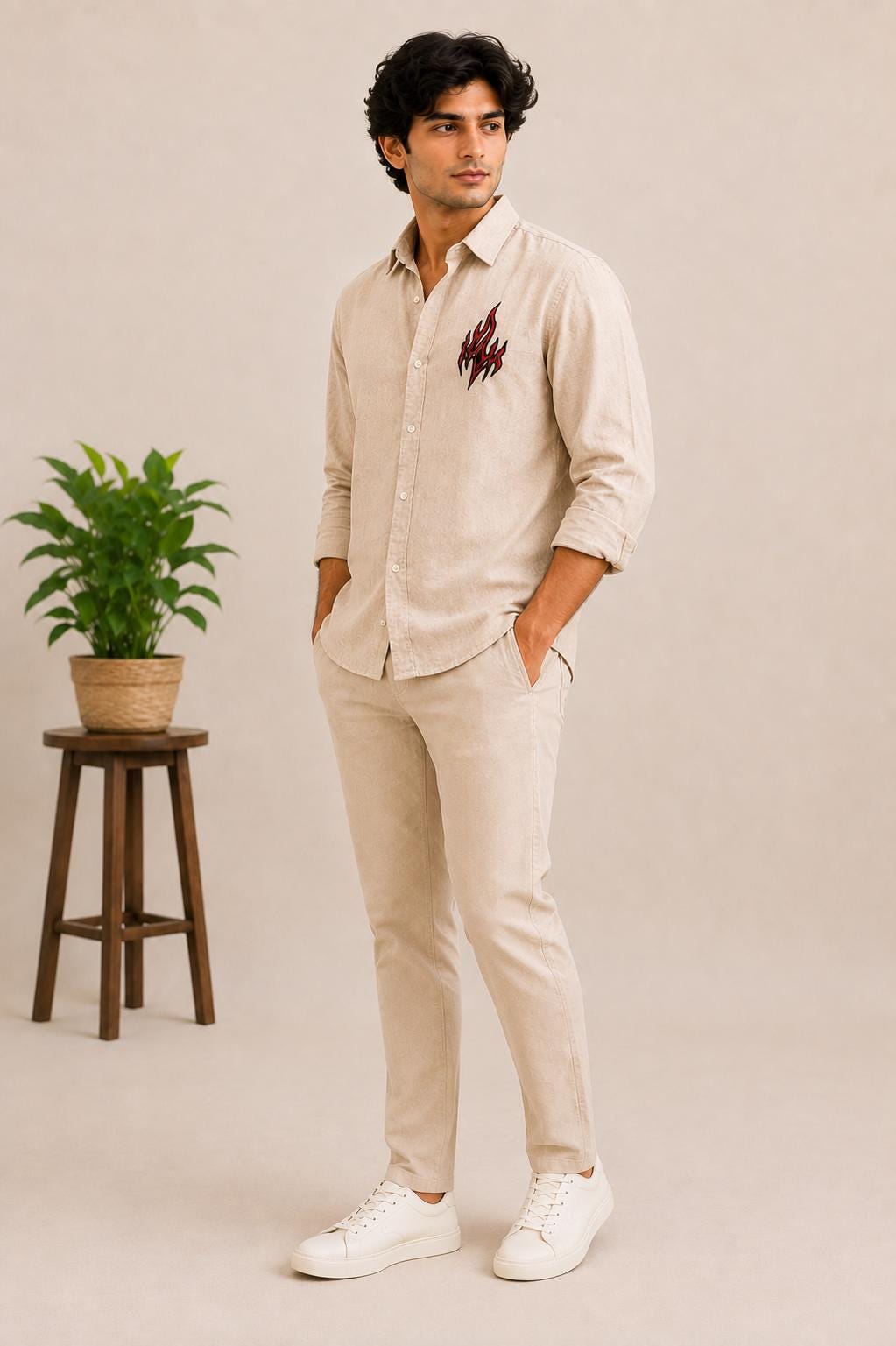 Men's Beige Embroidered Flame Shirt, Long Sleeve Casual Button Up, Modern Boho Menswear