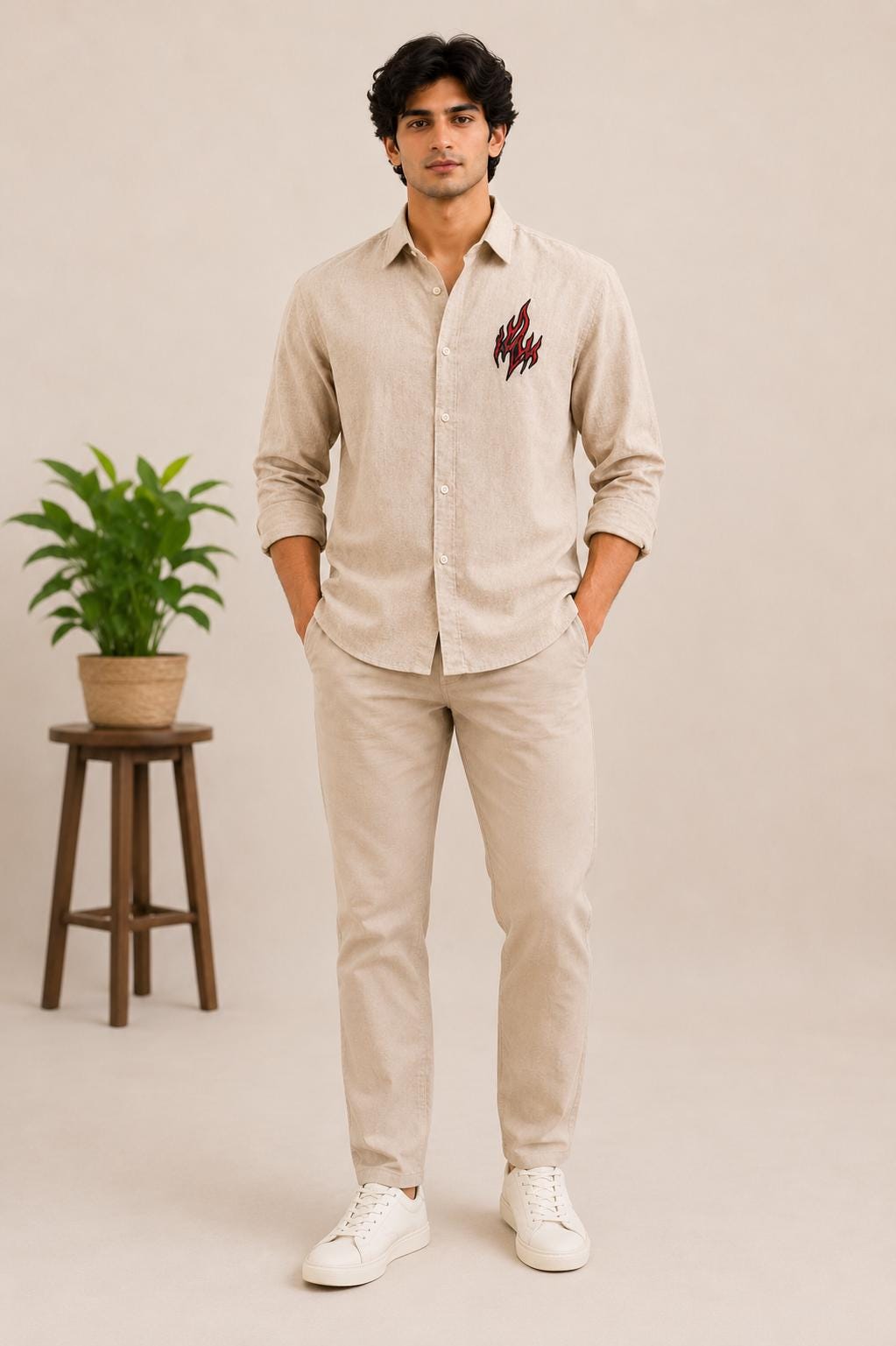Men's Beige Embroidered Flame Shirt, Long Sleeve Casual Button Up, Modern Boho Menswear