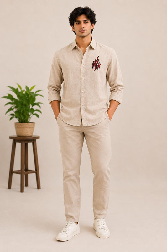 Men's Beige Embroidered Flame Shirt, Long Sleeve Casual Button Up, Modern Boho Menswear