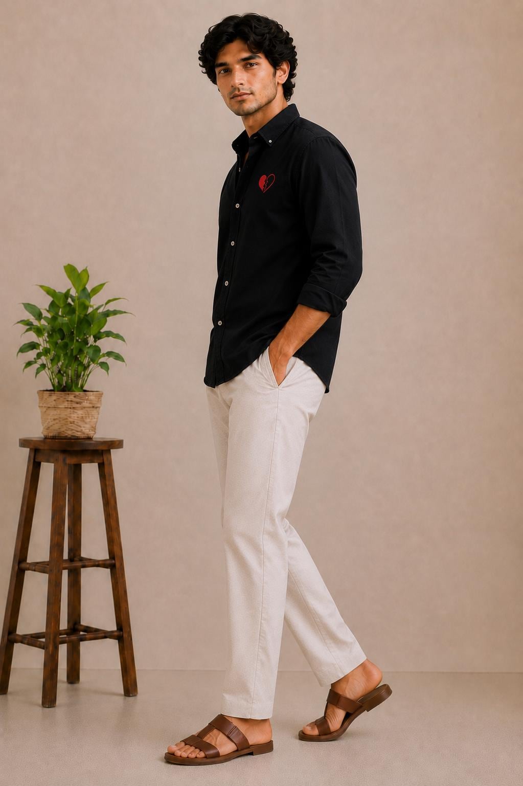 Black Men's Shirt with Red Broken Heart Embroidery, Long Sleeve Button Down Shirt