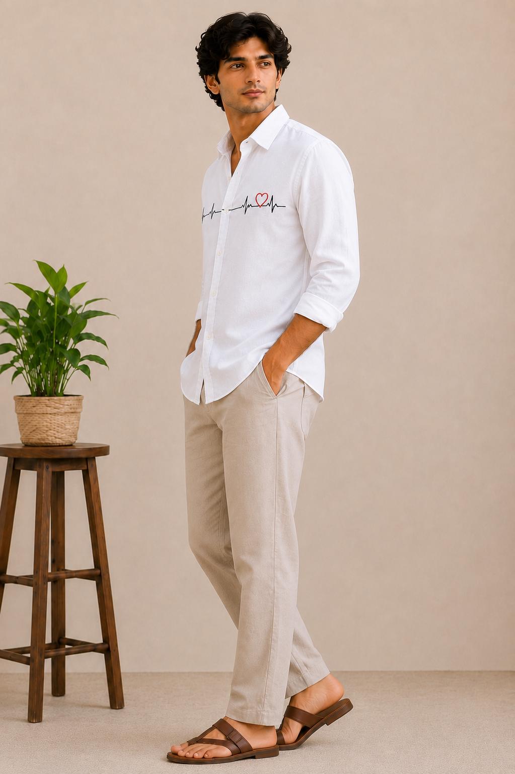 Men's White Button-Up Shirt, Minimalist Heartbeat Embroidery, Long Sleeve Casual Summer Style