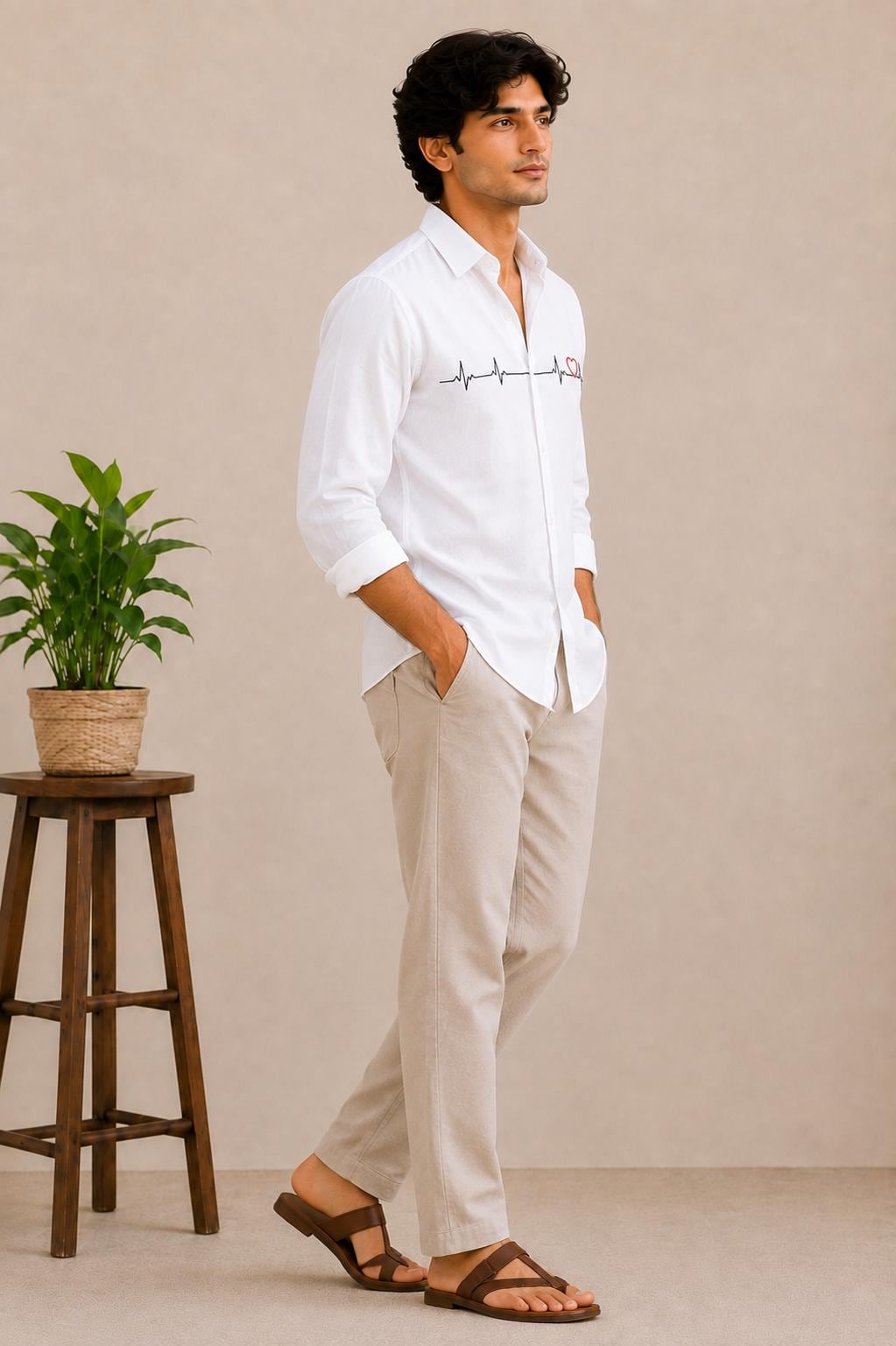 Men's White Button-Up Shirt, Minimalist Heartbeat Embroidery, Long Sleeve Casual Summer Style