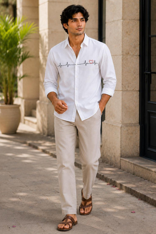 Men's White Button-Up Shirt, Minimalist Heartbeat Embroidery, Long Sleeve Casual Summer Style