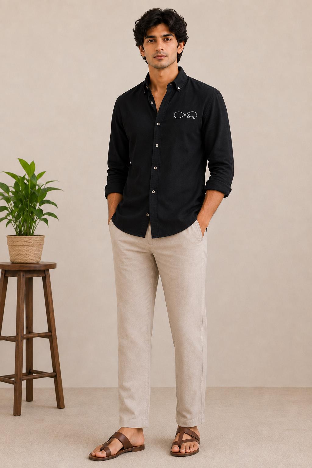 Men's Black Embroidered Shirt, Button Down Long Sleeve, Minimalist Love Detail