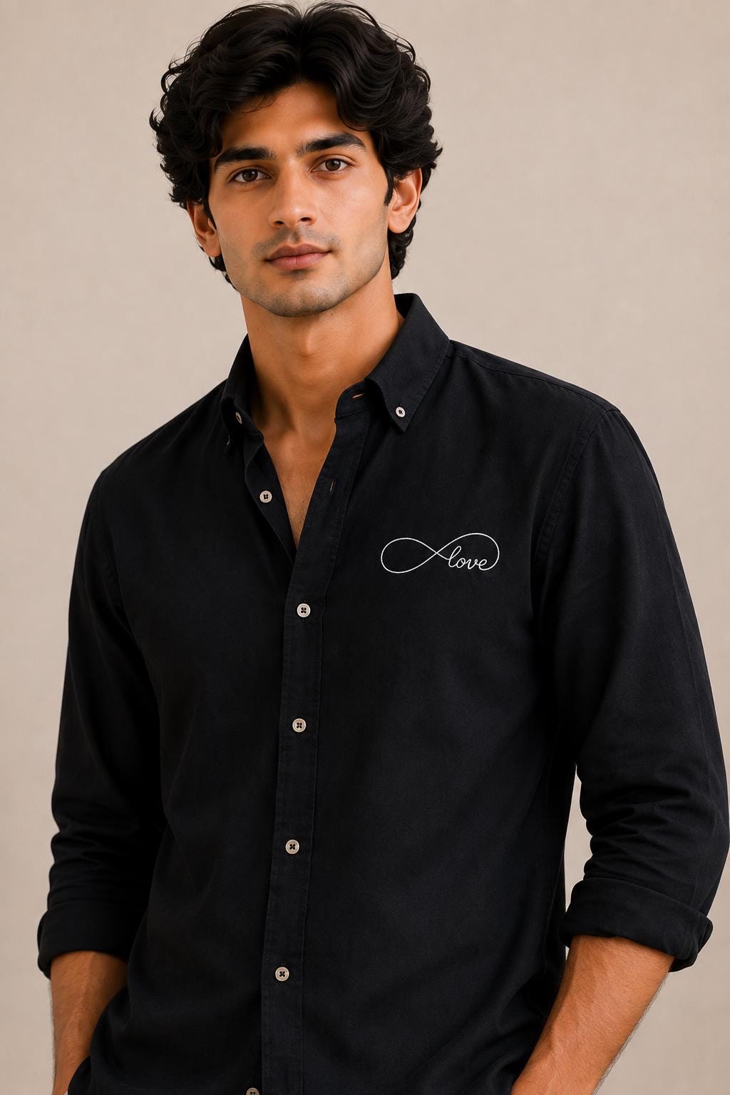 Men's Black Embroidered Shirt, Button Down Long Sleeve, Minimalist Love Detail