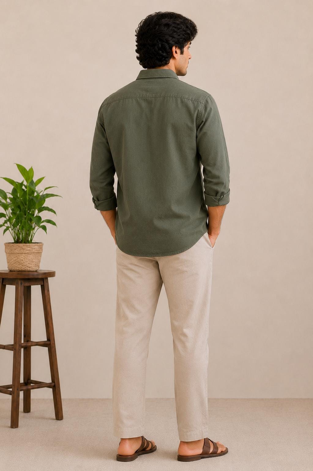 Men's Olive Green Envelope Heart Embroidered Shirt, Minimalist Long Sleeve Button Up