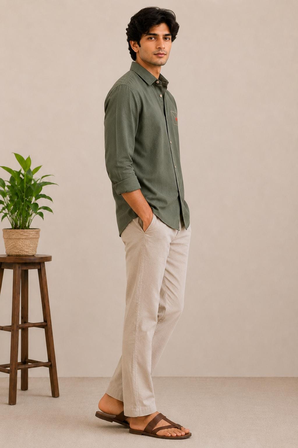 Men's Olive Green Envelope Heart Embroidered Shirt, Minimalist Long Sleeve Button Up