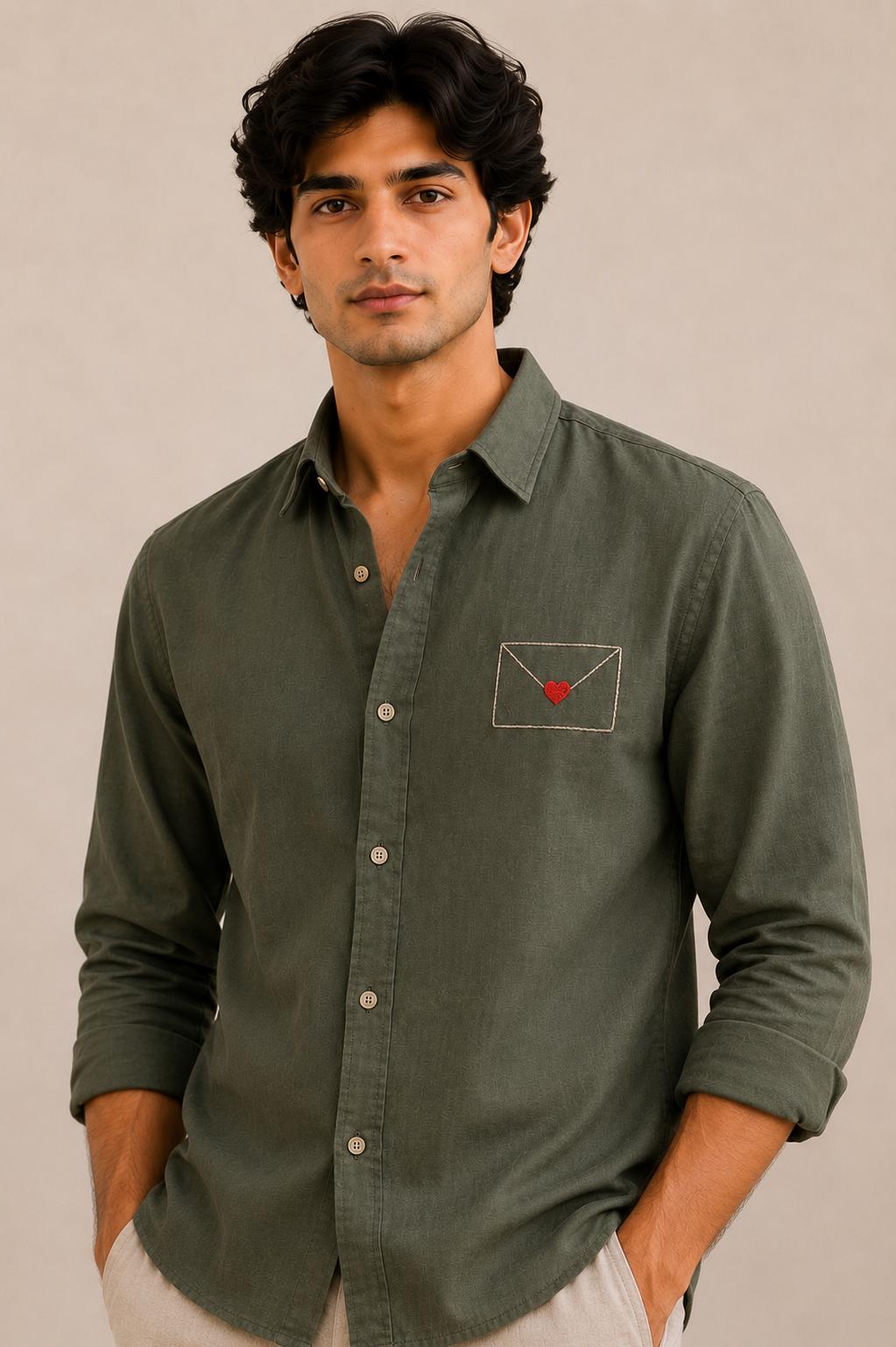 Men's Olive Green Envelope Heart Embroidered Shirt, Minimalist Long Sleeve Button Up