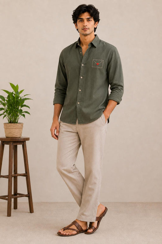 Men's Olive Green Envelope Heart Embroidered Shirt, Minimalist Long Sleeve Button Up