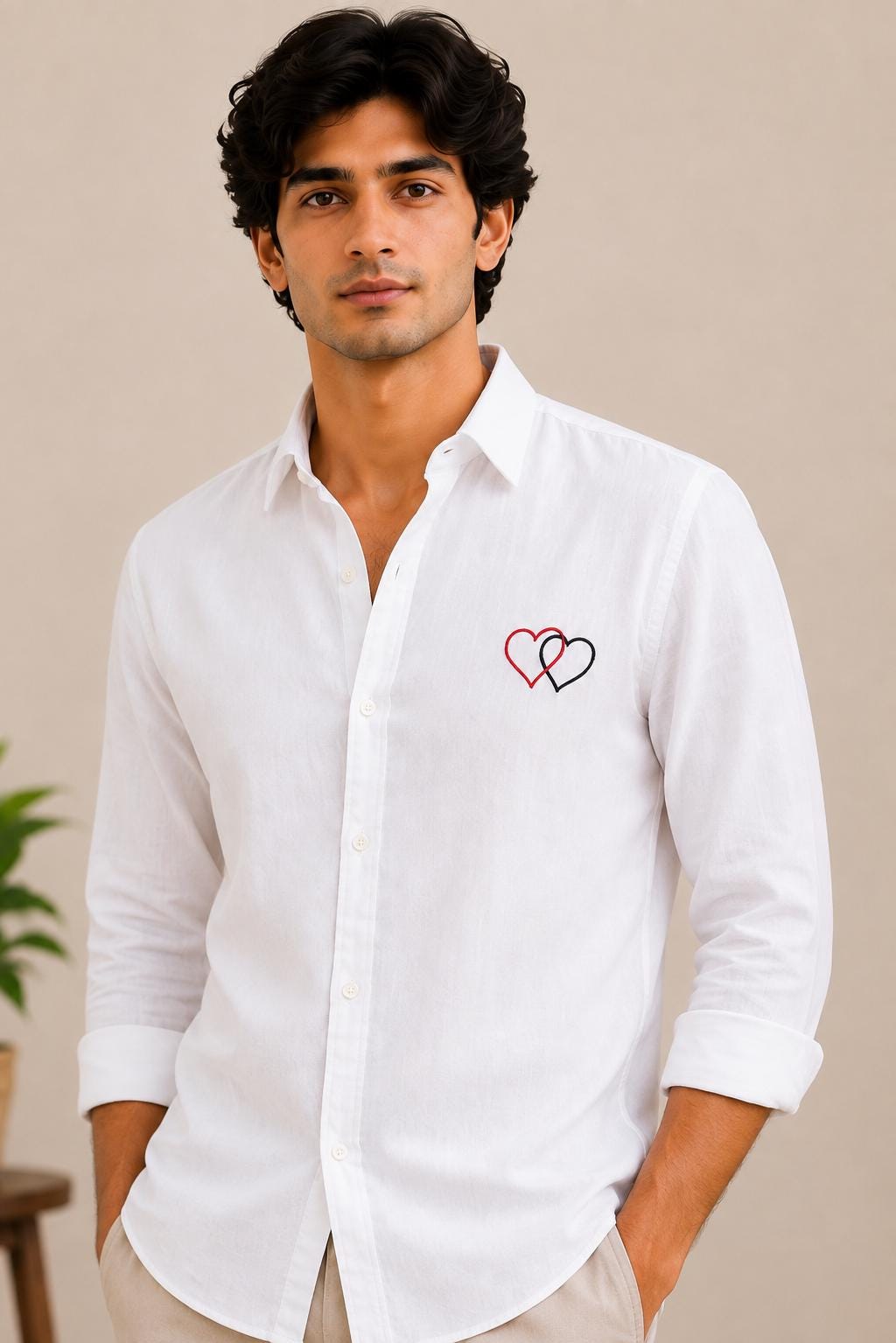 Men's White Embroidered Shirt, Minimal Heart Linen Button Up