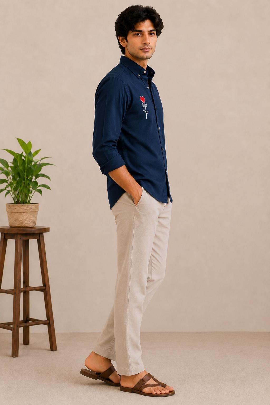Men's Embroidered Shirt, Navy Blue Cotton Button Down, Heart Flower Long Sleeve