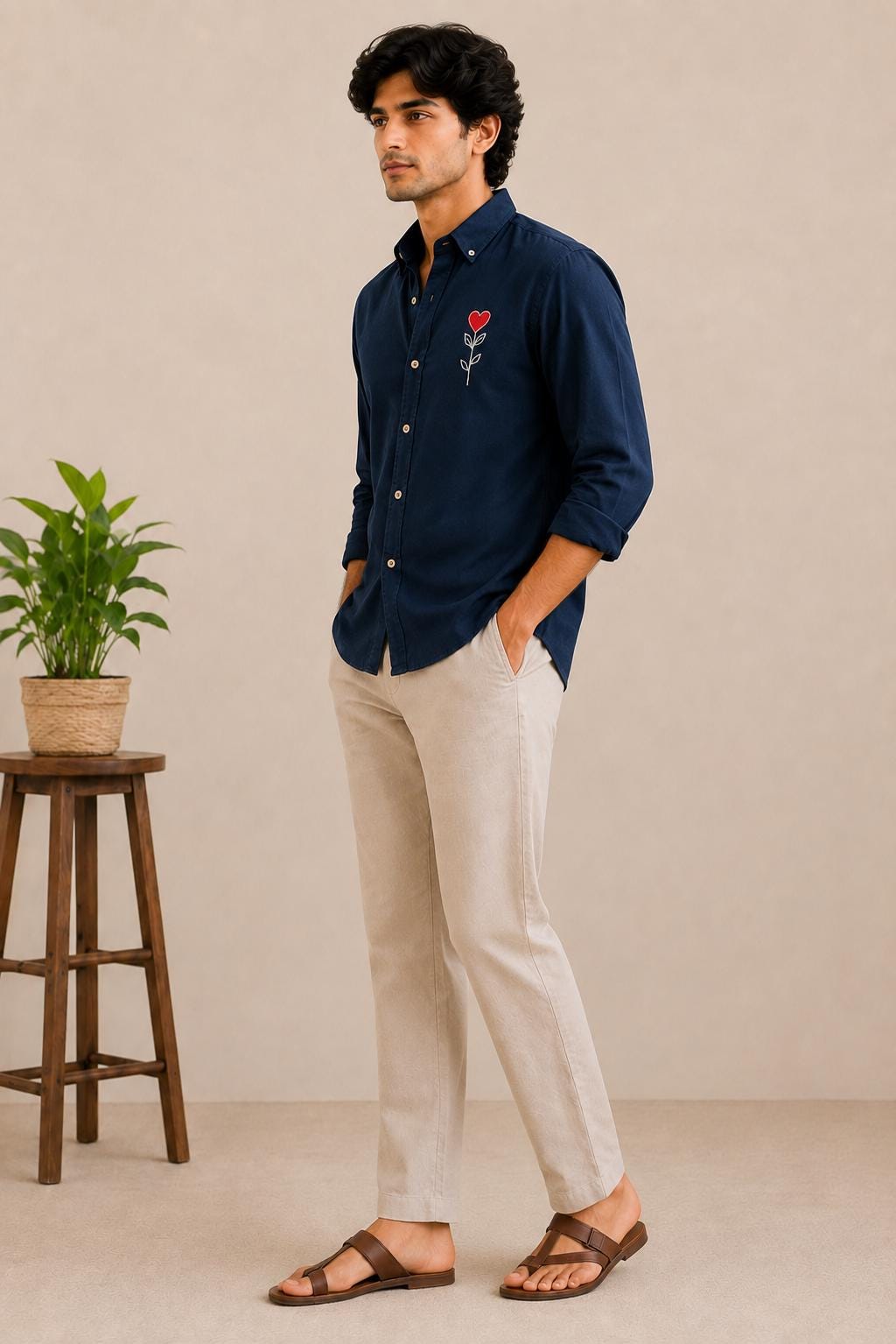Men's Embroidered Shirt, Navy Blue Cotton Button Down, Heart Flower Long Sleeve