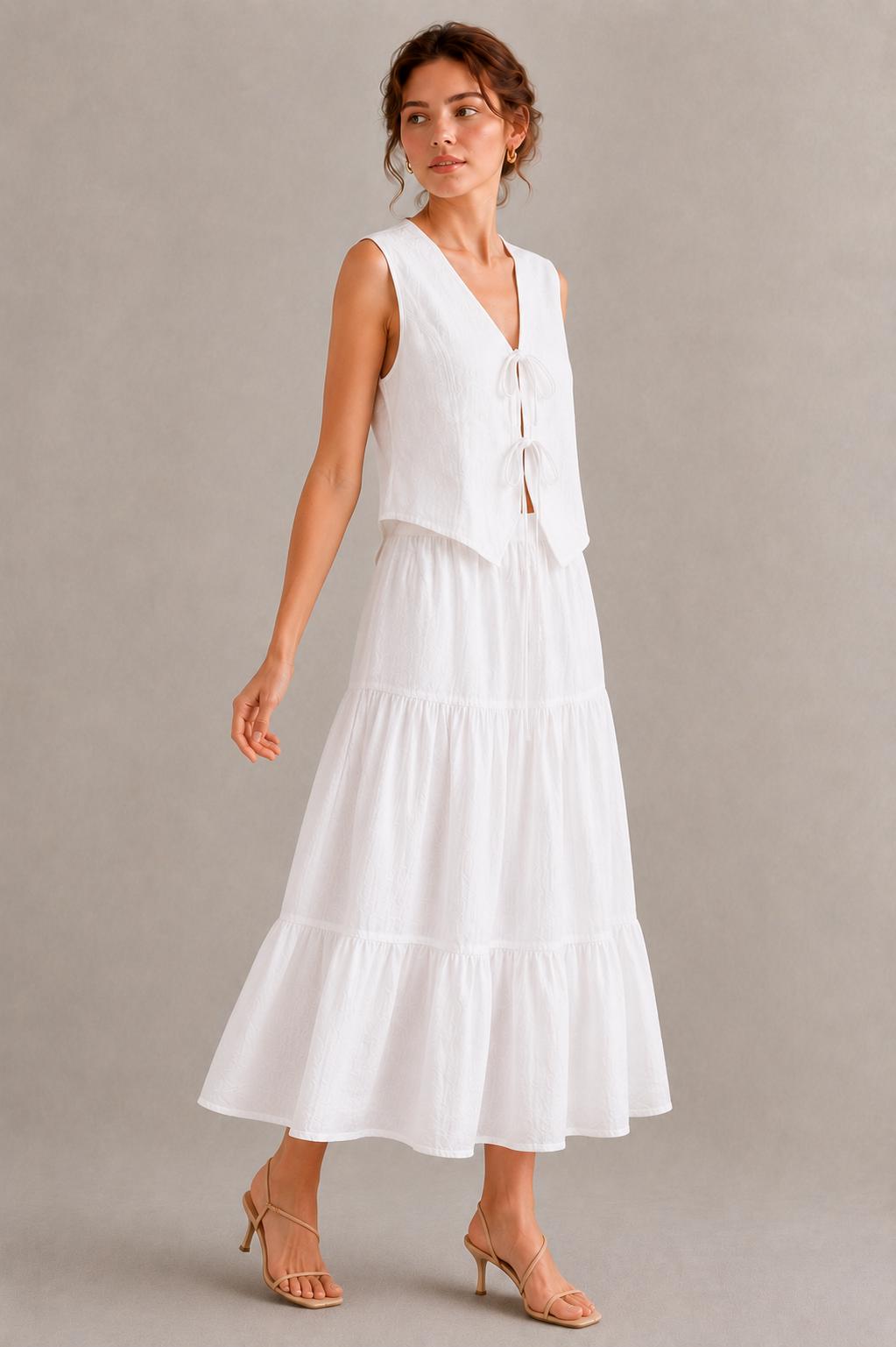 Women's Maxi Skirt Set, Tie Front Sleeveless Vest, Boho Summer Two Piece Outfit