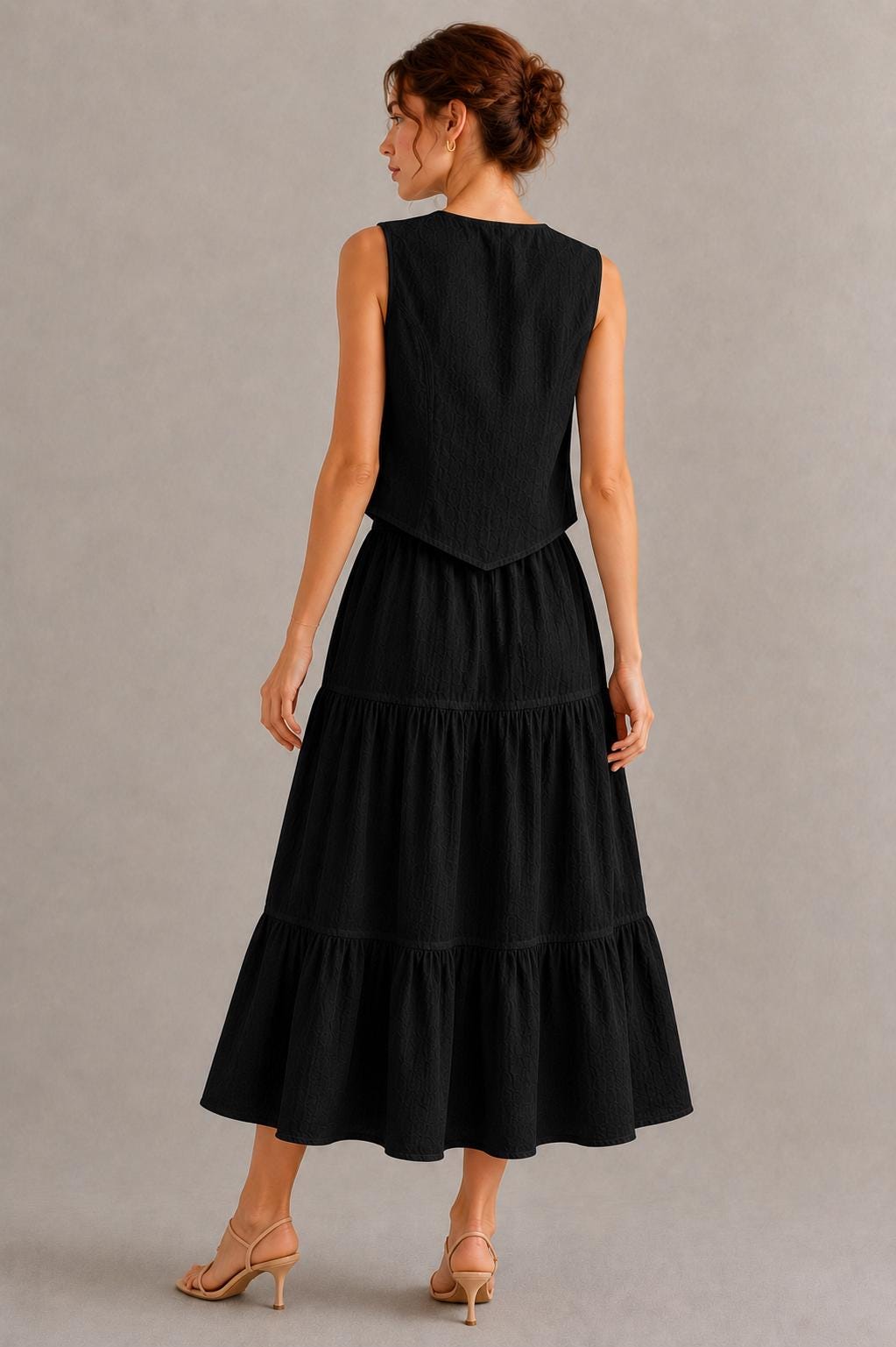 Women's Maxi Skirt Set, Tie Front Sleeveless Vest, Boho Summer Two Piece Outfit