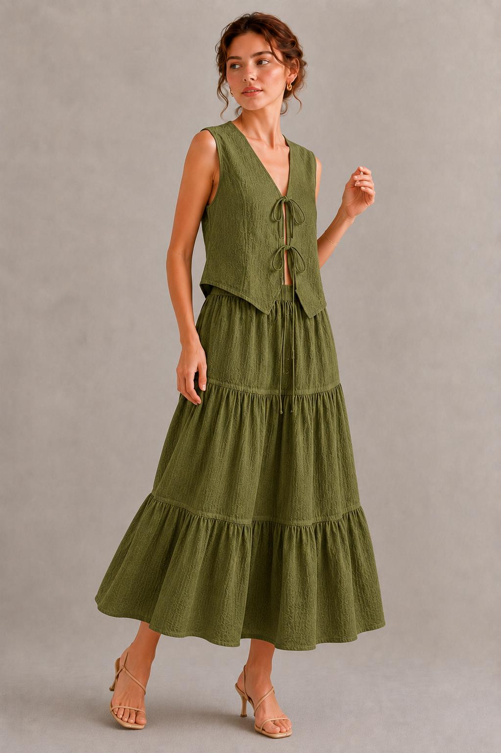 Women's Maxi Skirt Set, Tie Front Sleeveless Vest, Boho Summer Two Piece Outfit