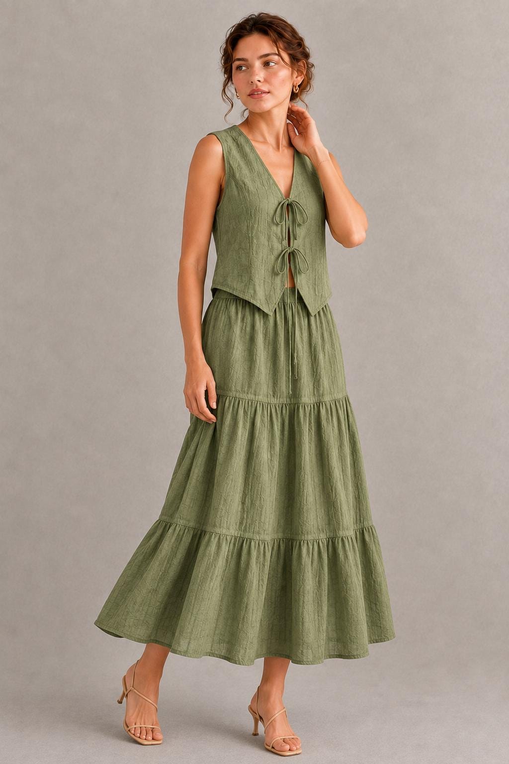 Women's Maxi Skirt Set, Tie Front Sleeveless Vest, Boho Summer Two Piece Outfit