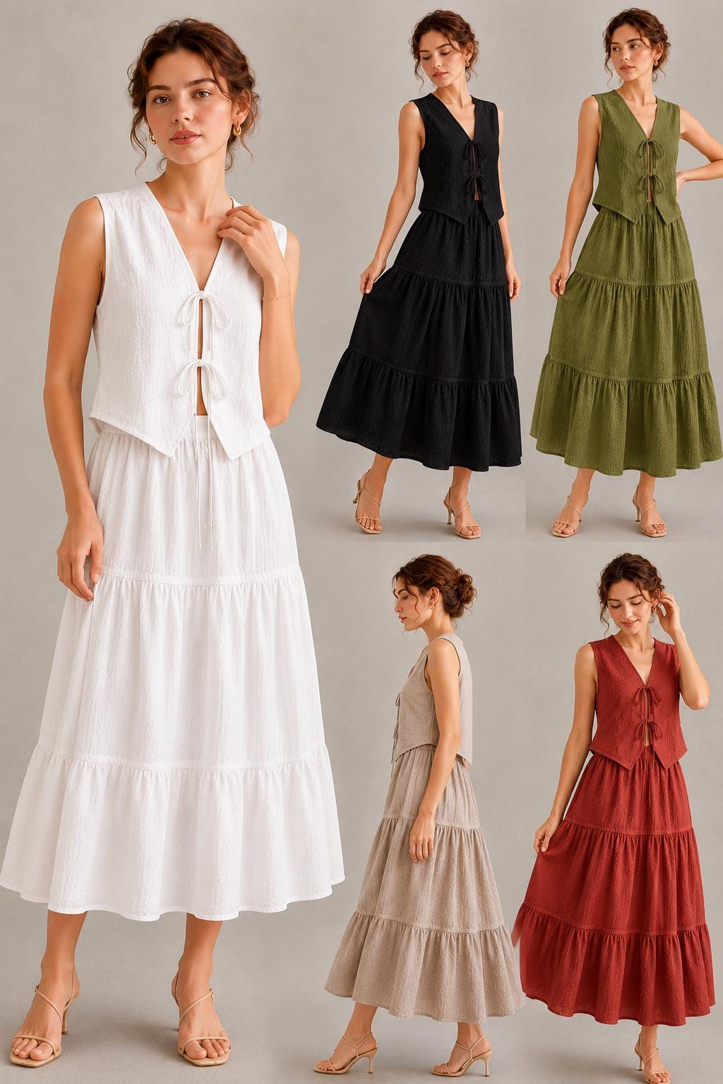 Women's Maxi Skirt Set, Tie Front Sleeveless Vest, Boho Summer Two Piece Outfit