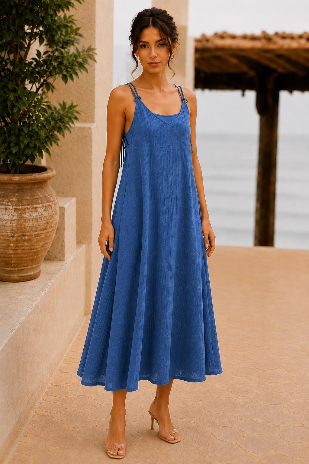 Textured Maxi Dress, Adjustable Tie Strap A-Line Sundress with Pockets, Women's Summer Dress
