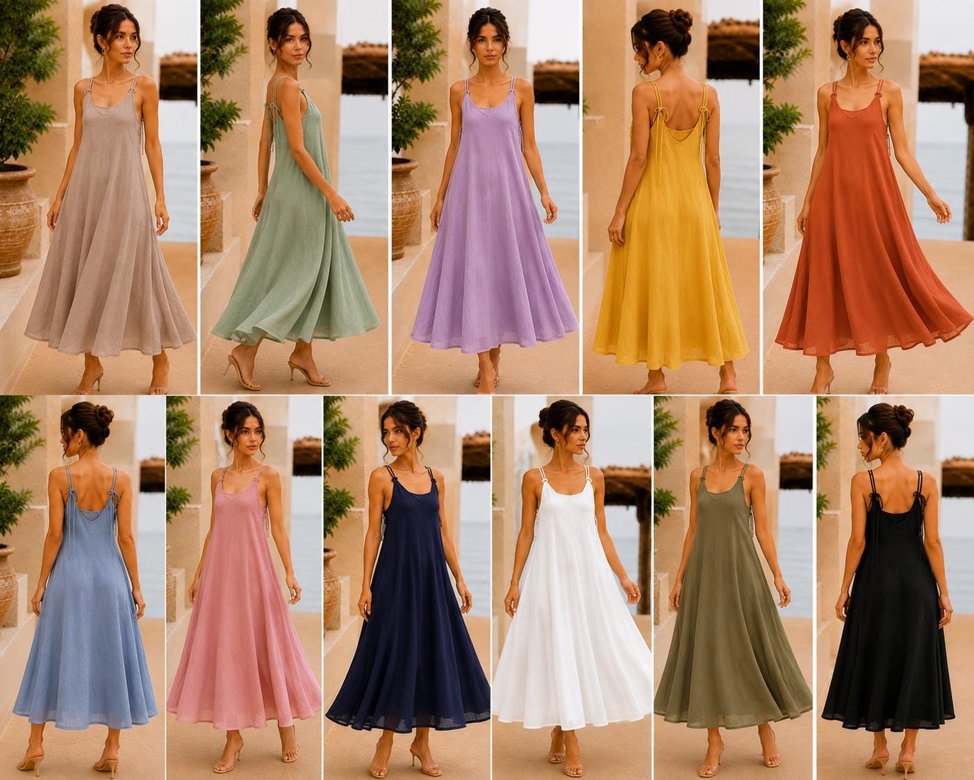 Textured Maxi Dress, Adjustable Tie Strap A-Line Sundress with Pockets, Women's Summer Dress