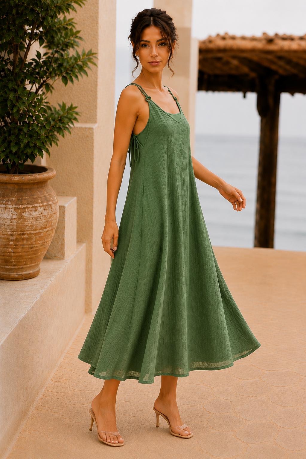 Textured Maxi Dress, Adjustable Tie Strap A-Line Sundress with Pockets, Women's Summer Dress