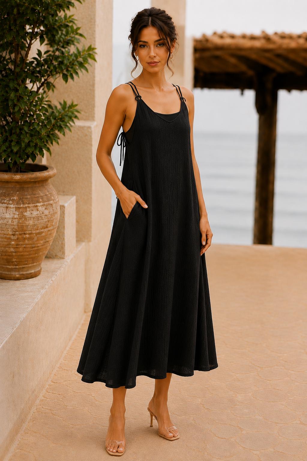 Textured Maxi Dress, Adjustable Tie Strap A-Line Sundress with Pockets, Women's Summer Dress